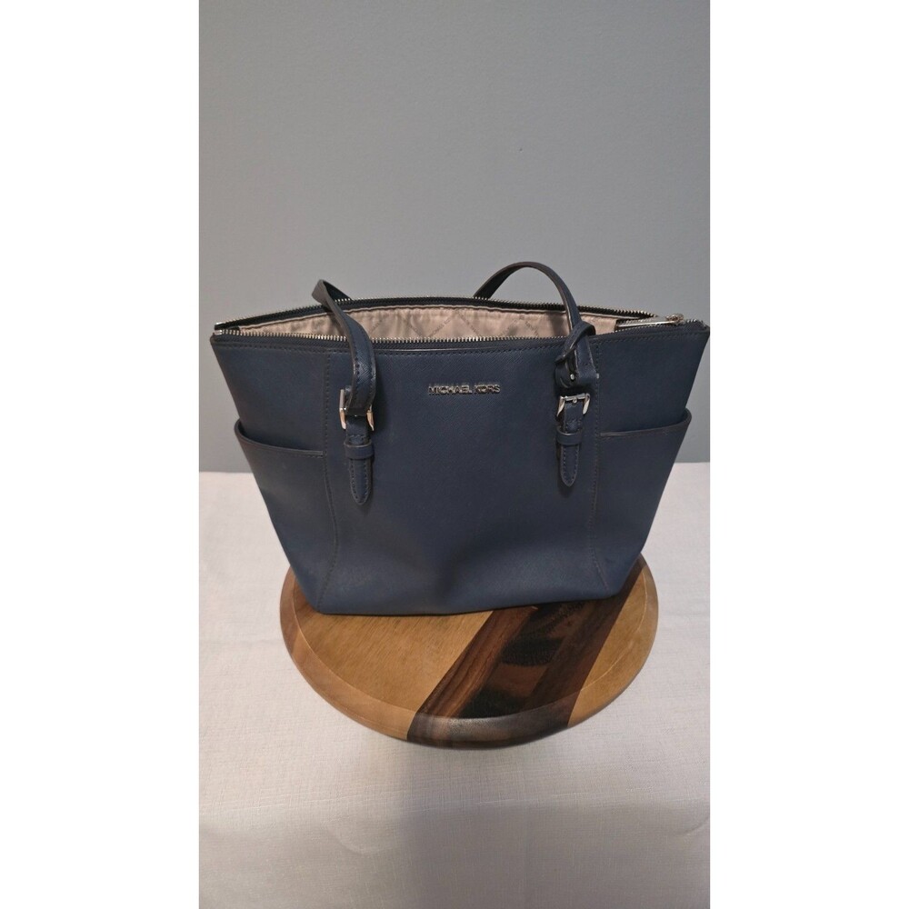 Michael Kors Navy Blue Leather Tote Bag Shoulder Purse Top Zip Large Jet Set